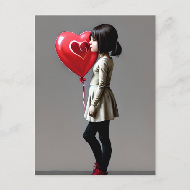 Girl with red heart balloon postcard (Front)