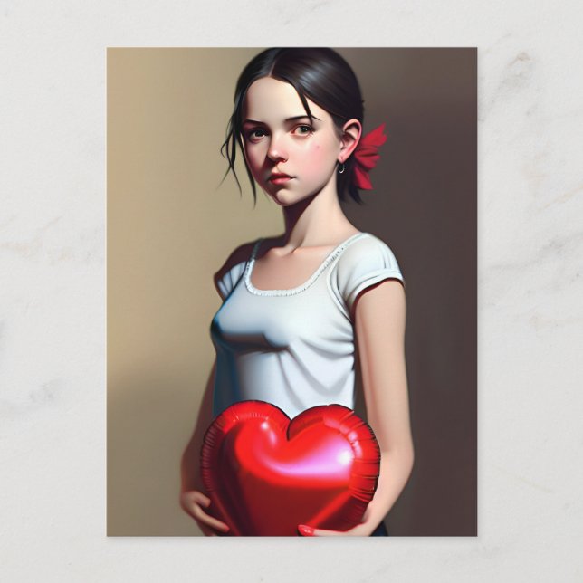 Girl with red heart balloon postcard (Front)