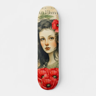 Girl with Red Poppies Vintage Inspired Skateboard 