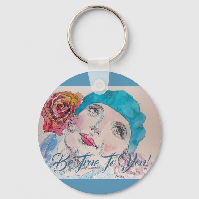 Girl With Red Rose Beret Be True Button Key Ring (Front)
