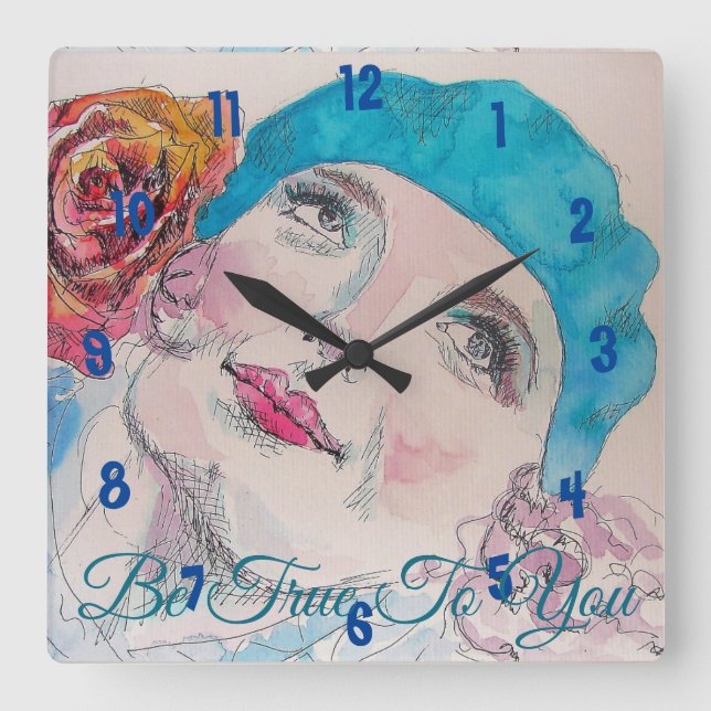 Girl With Red Rose Beret Be True Girls Room Clock (Front)