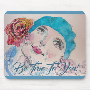 Girl With Red Rose Beret Be True Mouse Mat Pad