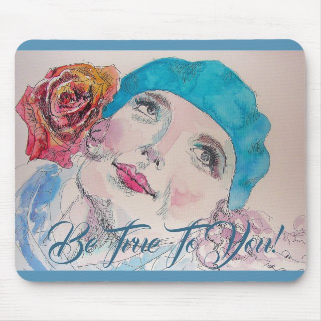 Girl With Red Rose Beret Be True Mouse Mat Pad (Front)