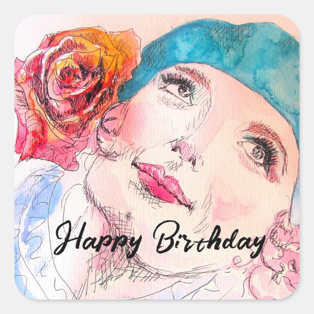 Girl with Red Rose Beret Birthday Party Girls Square Sticker (Front)