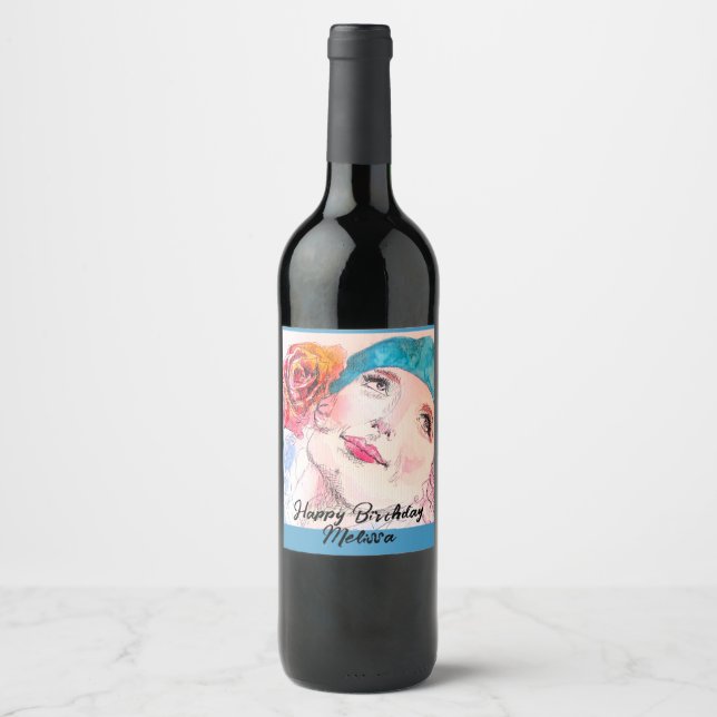 Girl with Red Rose Beret Birthday Party Womens Wine Label (Front)