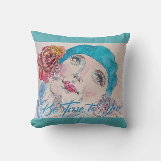 Girl with Red Rose Beret Watercolor Aqua Cushion (Front)