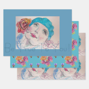 Girl With Red Rose Beret Watercolor Be True To You Wrapping Paper Sheet