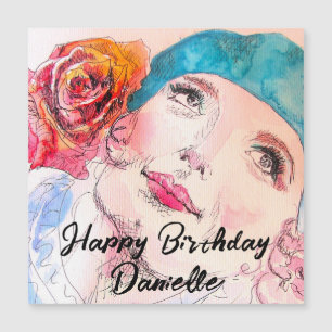 Girl with Red Rose Beret Watercolor Birthday