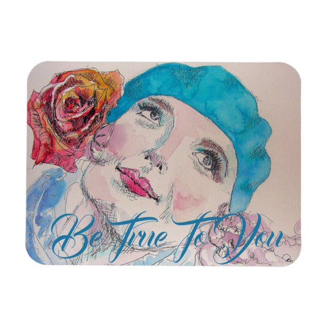 Girl with Red Rose Beret Watercolor Birthday  Magnet (Horizontal)