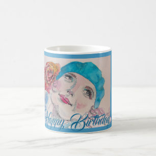 Girl with Red Rose Beret Watercolor Birthday Mug