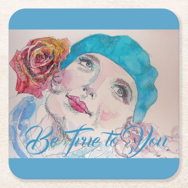 Girl with Red Rose Beret Watercolor Coaster (Front)