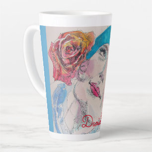 Girl with Red Rose Beret Watercolor Floral Flower Latte Mug