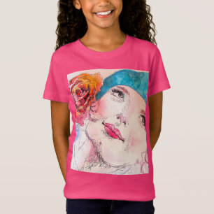 Girl with Red Rose Beret Watercolor Girls Hot Pink T-Shirt