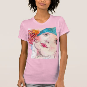 Girl with Red Rose Beret Watercolor Girls Pink T-Shirt