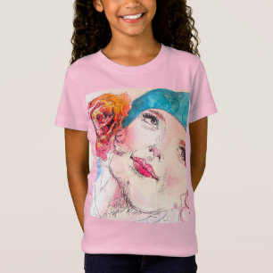 Girl with Red Rose Beret Watercolor Girls Pink T-Shirt