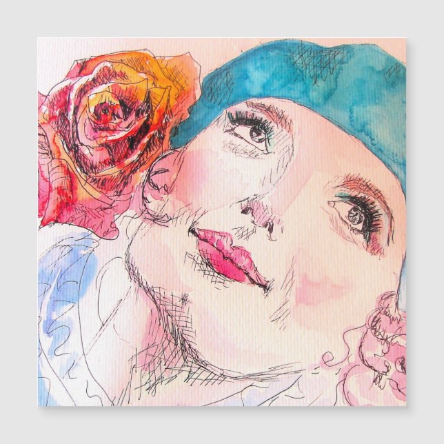 Girl with Red Rose Beret Watercolor Magnetic Card (Front)