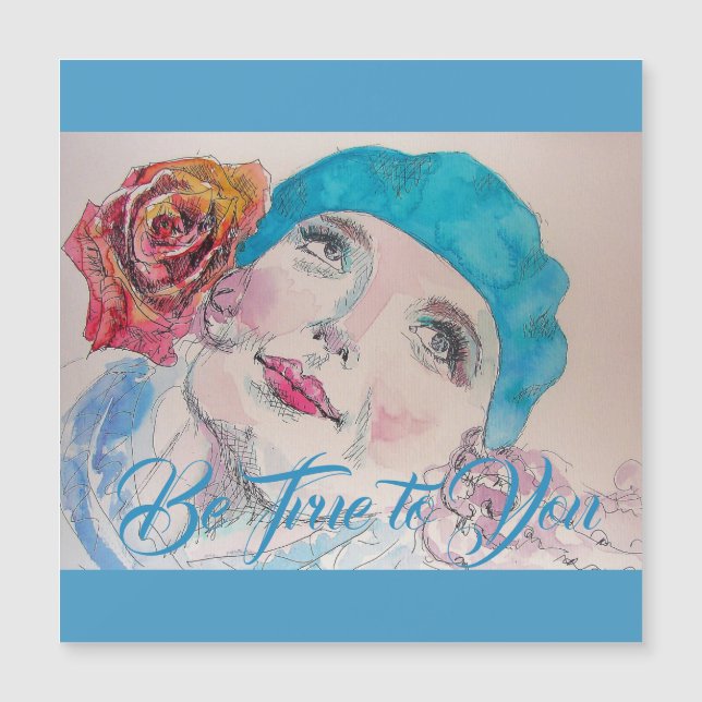 Girl with Red Rose Beret Watercolor Magnetic Card (Front)