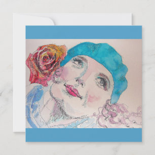 Girl with Red Rose Beret Watercolor Magnetic Card