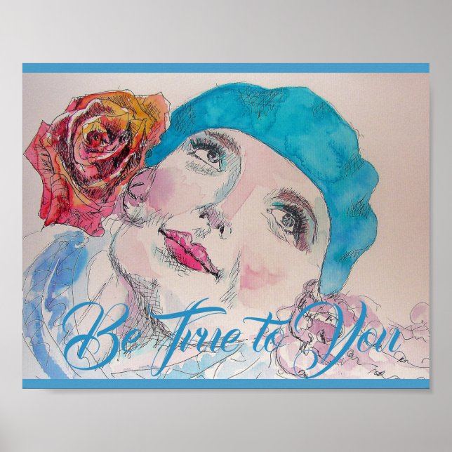 Girl with Red Rose Beret Watercolor Poster (Front)