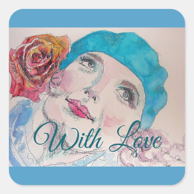 Girl with Red Rose Beret Watercolor Square Sticker (Front)