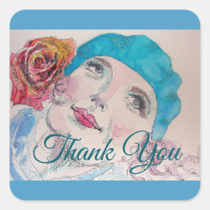 Girl with Red Rose Beret Watercolor Square Sticker