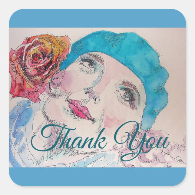 Girl with Red Rose Beret Watercolor Square Sticker (Front)