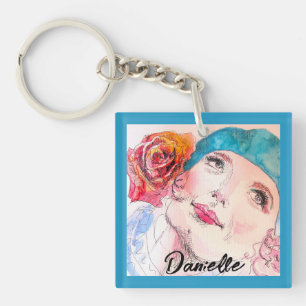 Girl with Red Rose Beret Womens Aqua Girls Key Ring