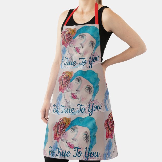 Girl With Red Rose Watercolor Beret Teal Red Apron (Insitu)