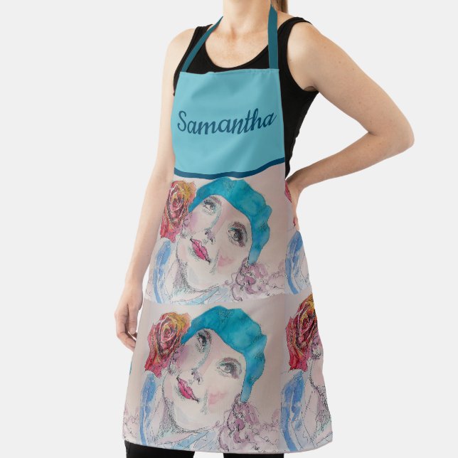 Girl With Red Rose Watercolor Beret Teal Red Apron (Insitu)