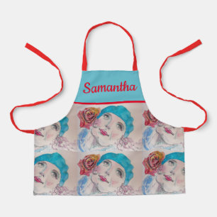 Girl With Red Rose Watercolor Beret Teal Red kids Apron