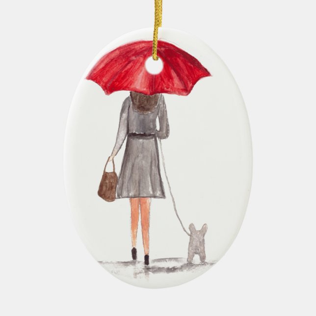 Girl with red umbrella ceramic tree decoration (Front)