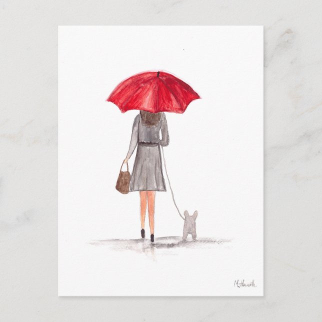 Girl with red umbrella feminine girly watercolor  postcard (Front)