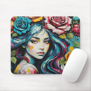 Girl with Roses in Her Hair Watercolor Style Mouse Mat
