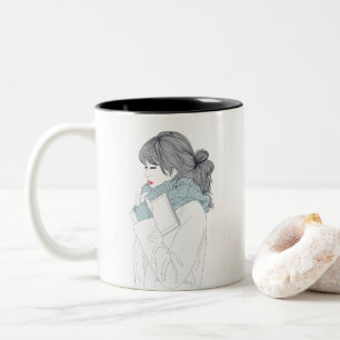 Girl with scarf and book Two-Tone coffee mug