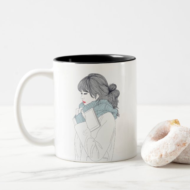 Girl with scarf and book Two-Tone coffee mug (With Donut)