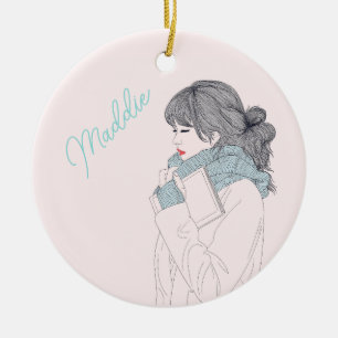 Girl with scarf cool graphic illustration ceramic tree decoration