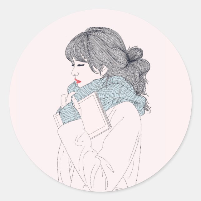 Girl with scarf cool graphic illustration classic round sticker (Front)