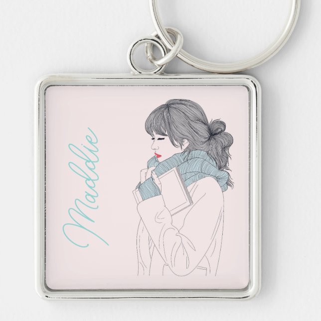 Girl with scarf cool graphic illustration key ring (Front)