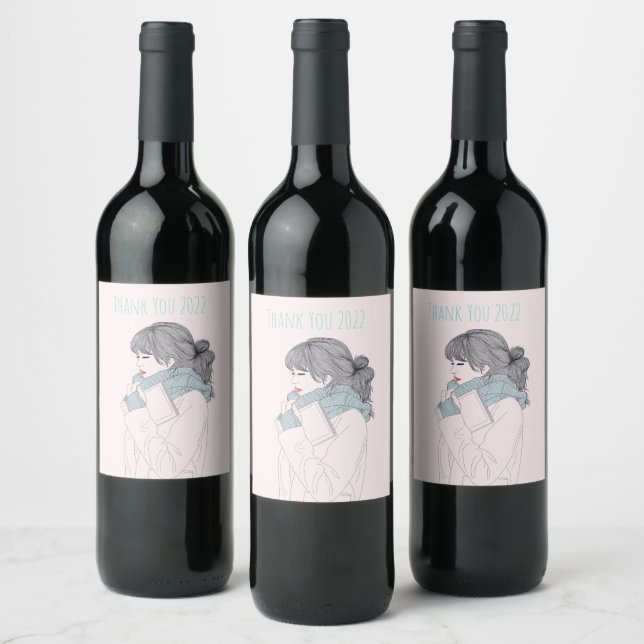 Girl with scarf cool graphic illustration wine label (Bottles)