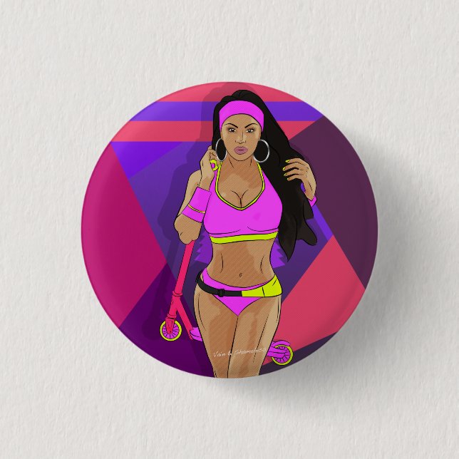 Girl with scooter 3 cm round badge (Front)