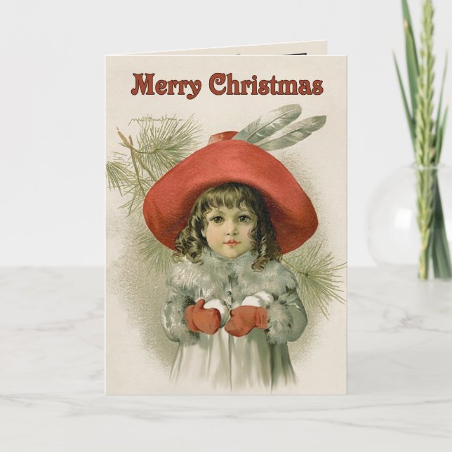 Girl with Snowballs - Maud Humphrey Holiday Card (Front)