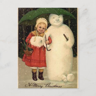 Girl with Snowman Holiday Postcard