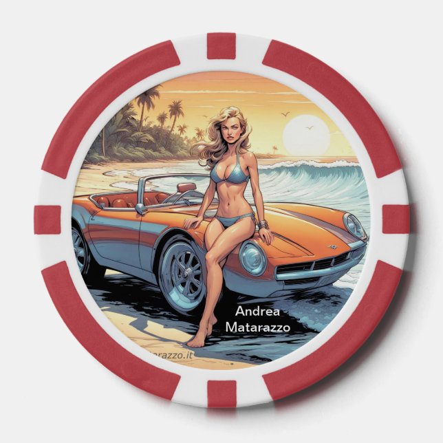 Girl with sports car poker chips (Front)