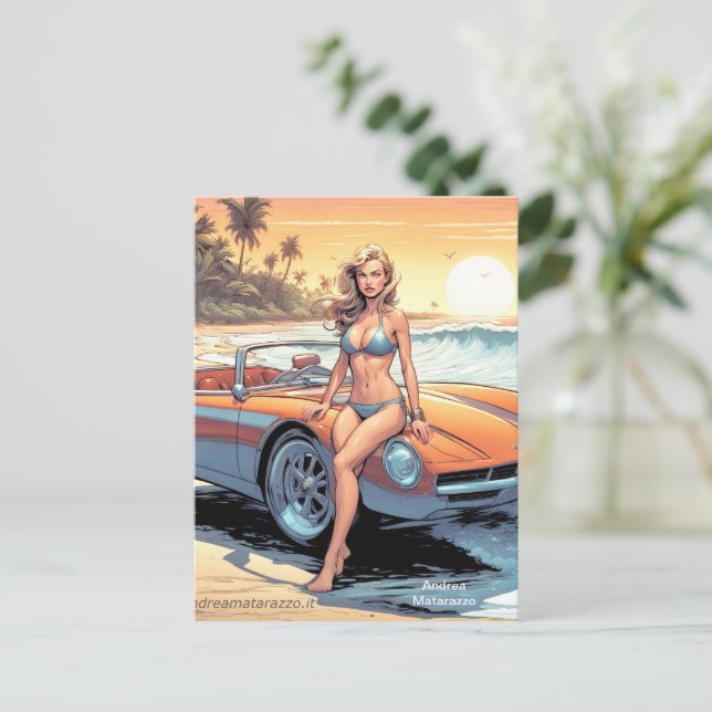 Girl with sports car postcard (Standing Front)