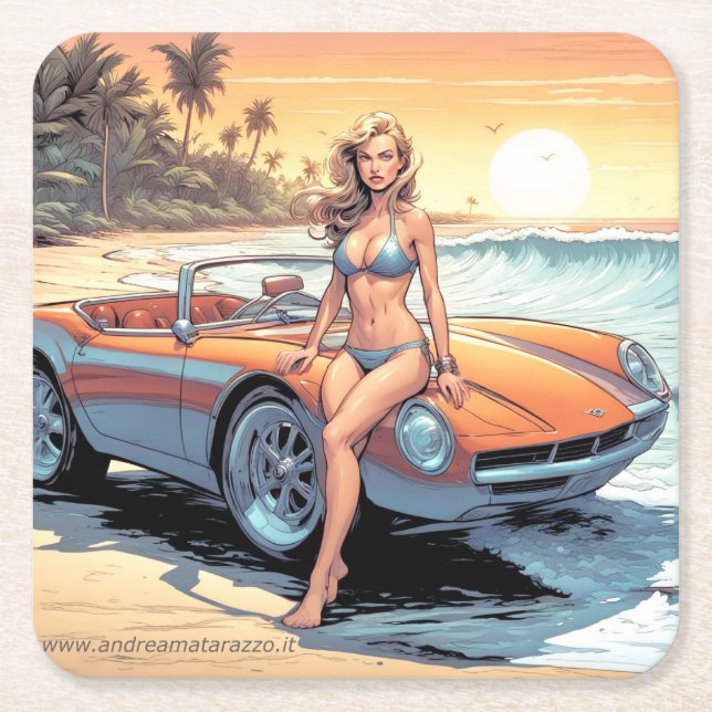 Girl with sports car square paper coaster (Front)