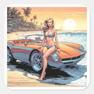 Girl with sports car square sticker