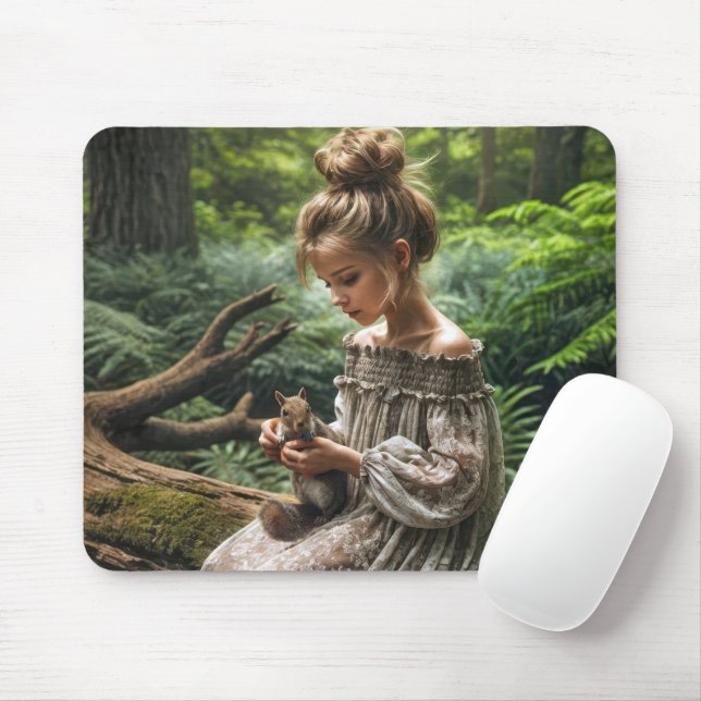 Girl With Squirrel In Woodland Mouse Mat (With Mouse)