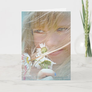 Girl with summer daisy bouquet card