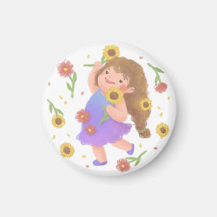 Girl with Sunflowers Illustration Magnet