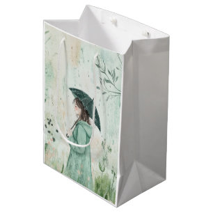 Girl with Teal Umbrella Rainy Garden (2) Medium Gift Bag